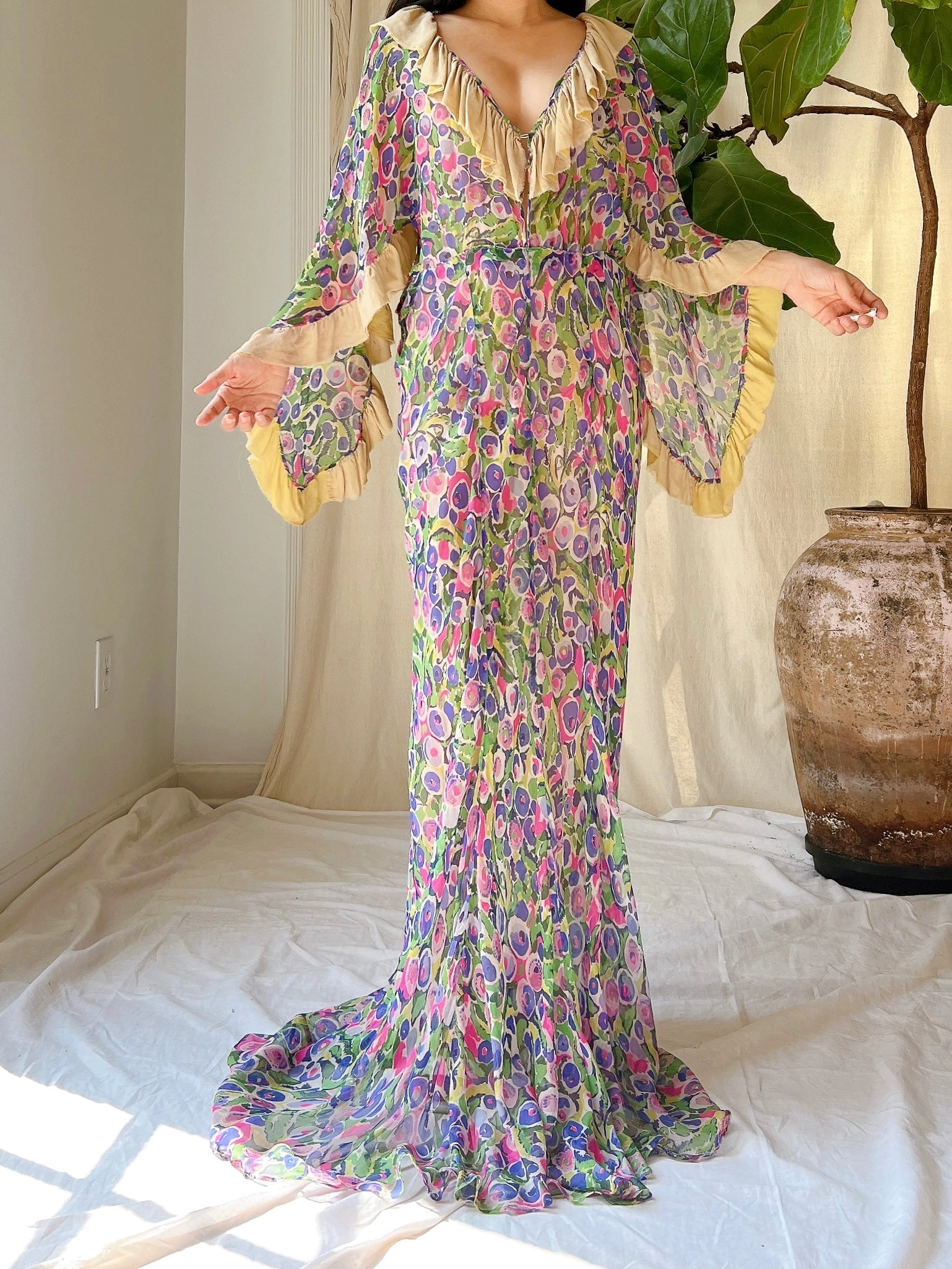 Rare 1930s Silk Chiffon Cape Sleeves Gown - S/M
