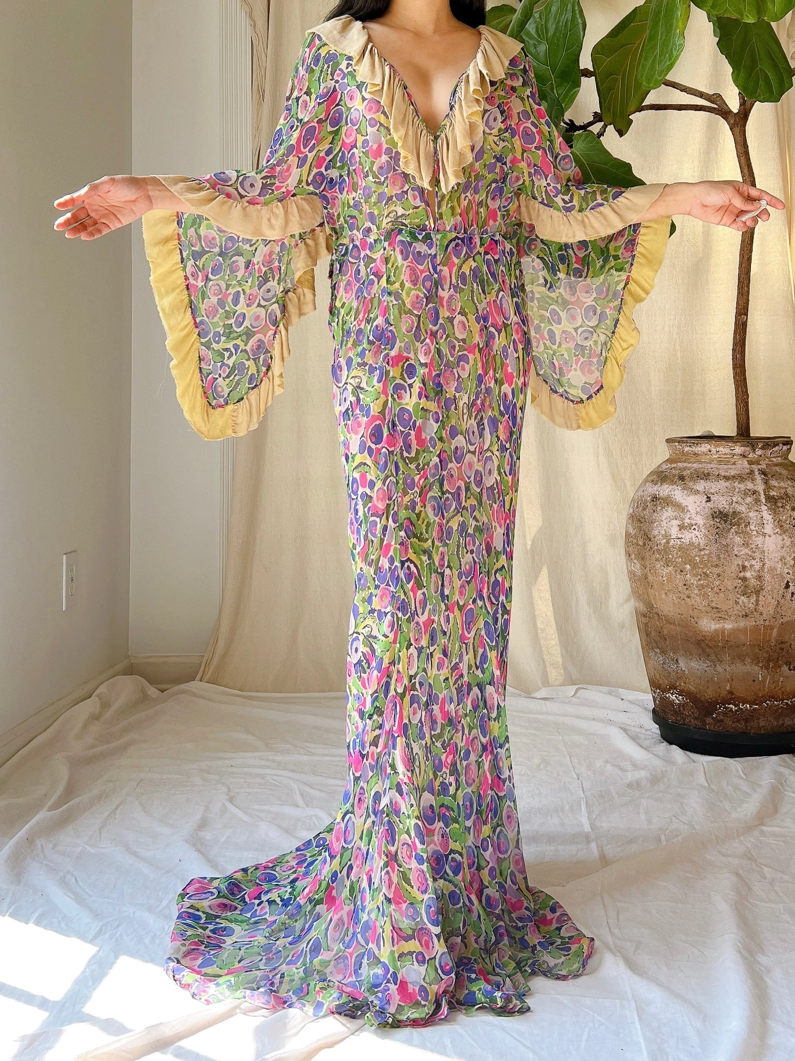 Rare 1930s Silk Chiffon Cape Sleeves Gown - S/M