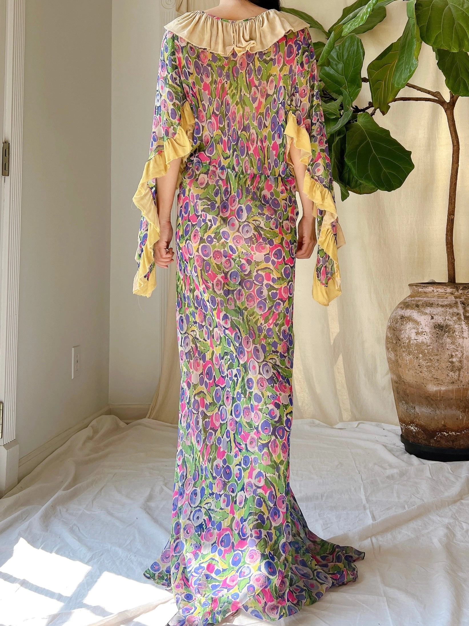 Rare 1930s Silk Chiffon Cape Sleeves Gown - S/M