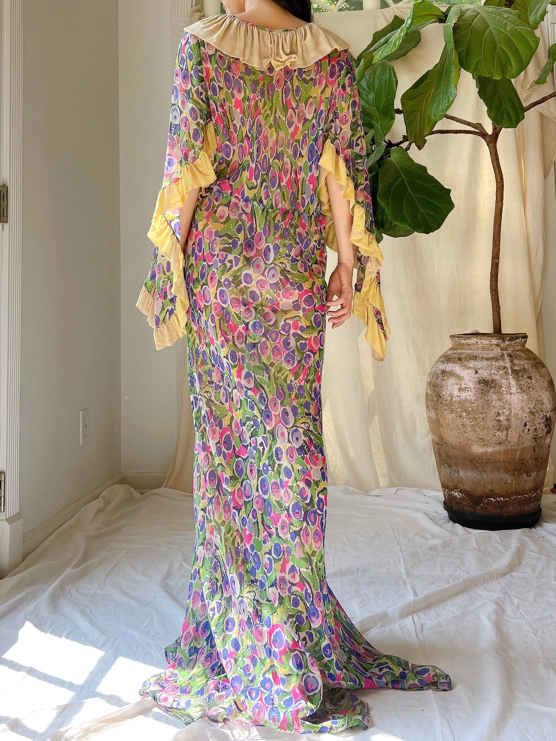 Rare 1930s Silk Chiffon Cape Sleeves Gown - S/M