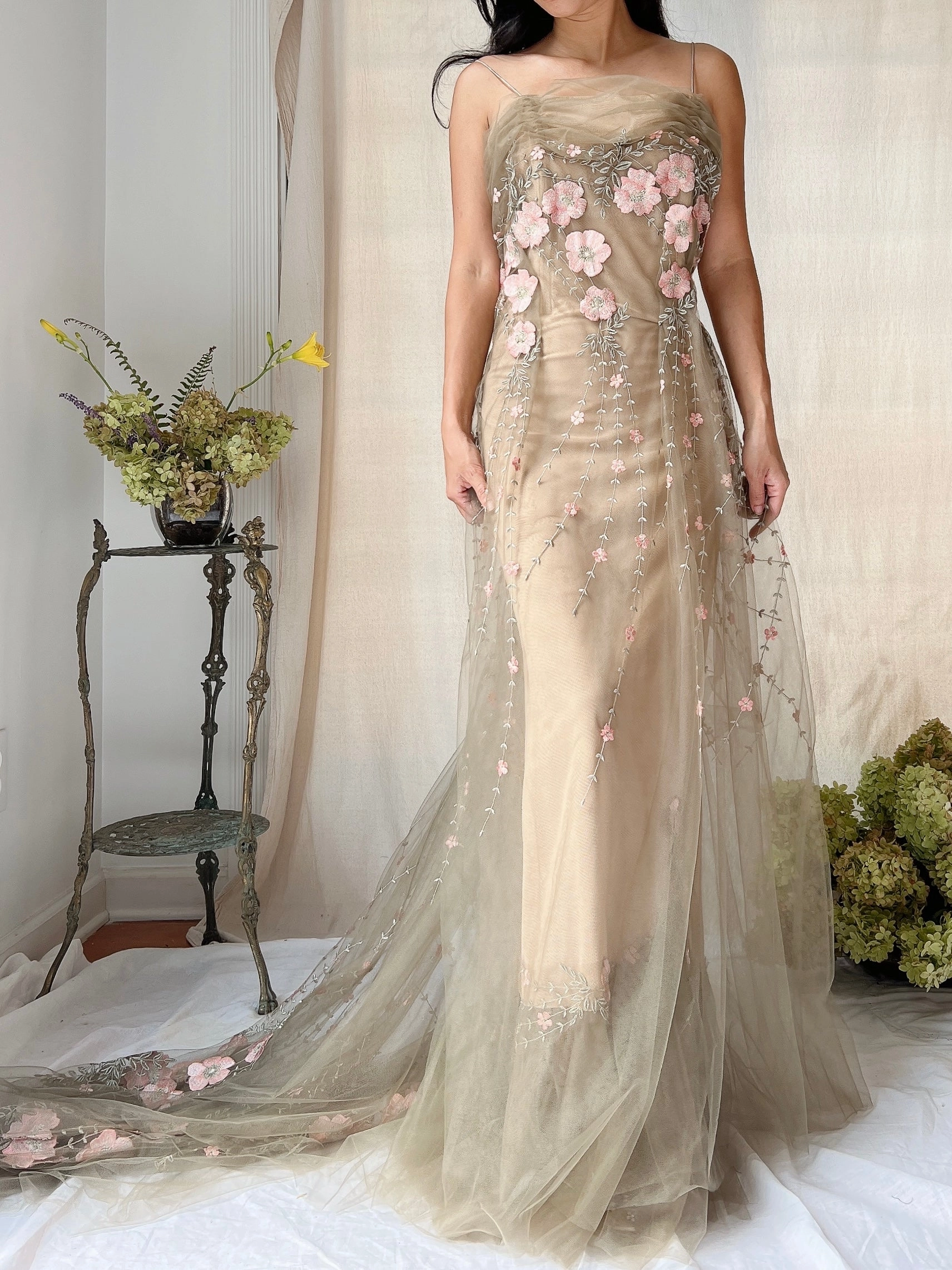 Rare Vintage Moss Carol Peretz Embroidered Tulle Gown - S/M