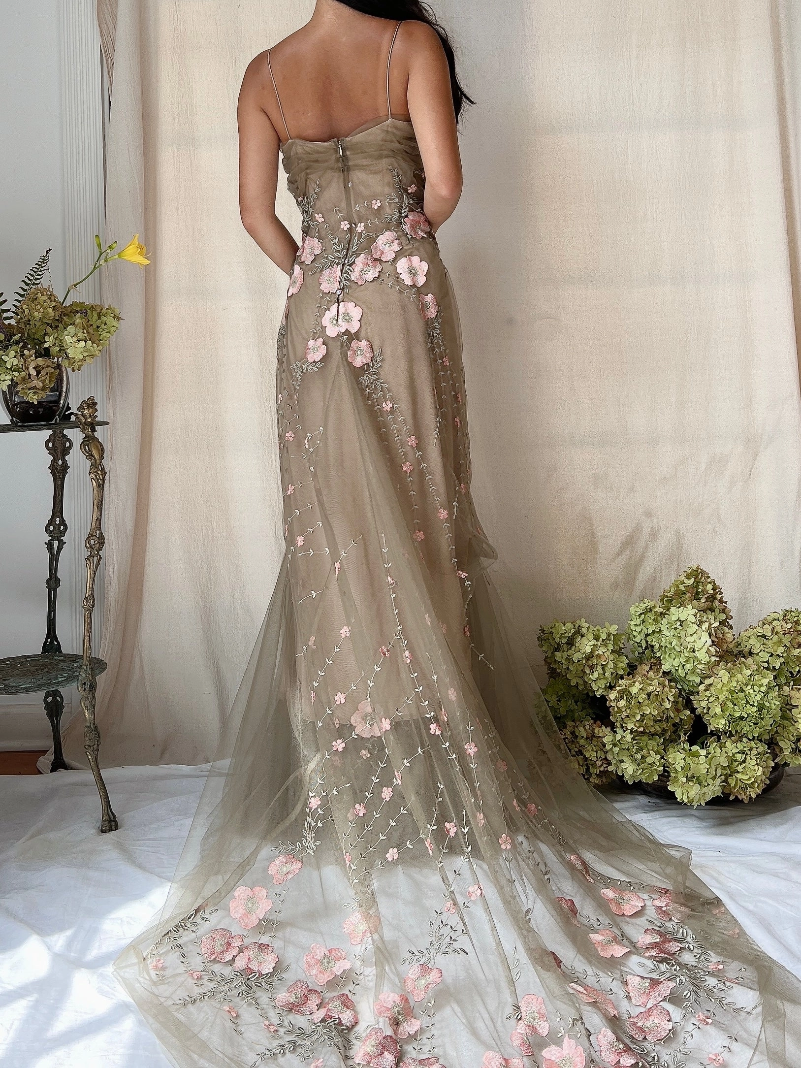 Rare Vintage Moss Carol Peretz Embroidered Tulle Gown - S/M