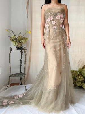 Rare Vintage Moss Carol Peretz Embroidered Tulle Gown - S/M