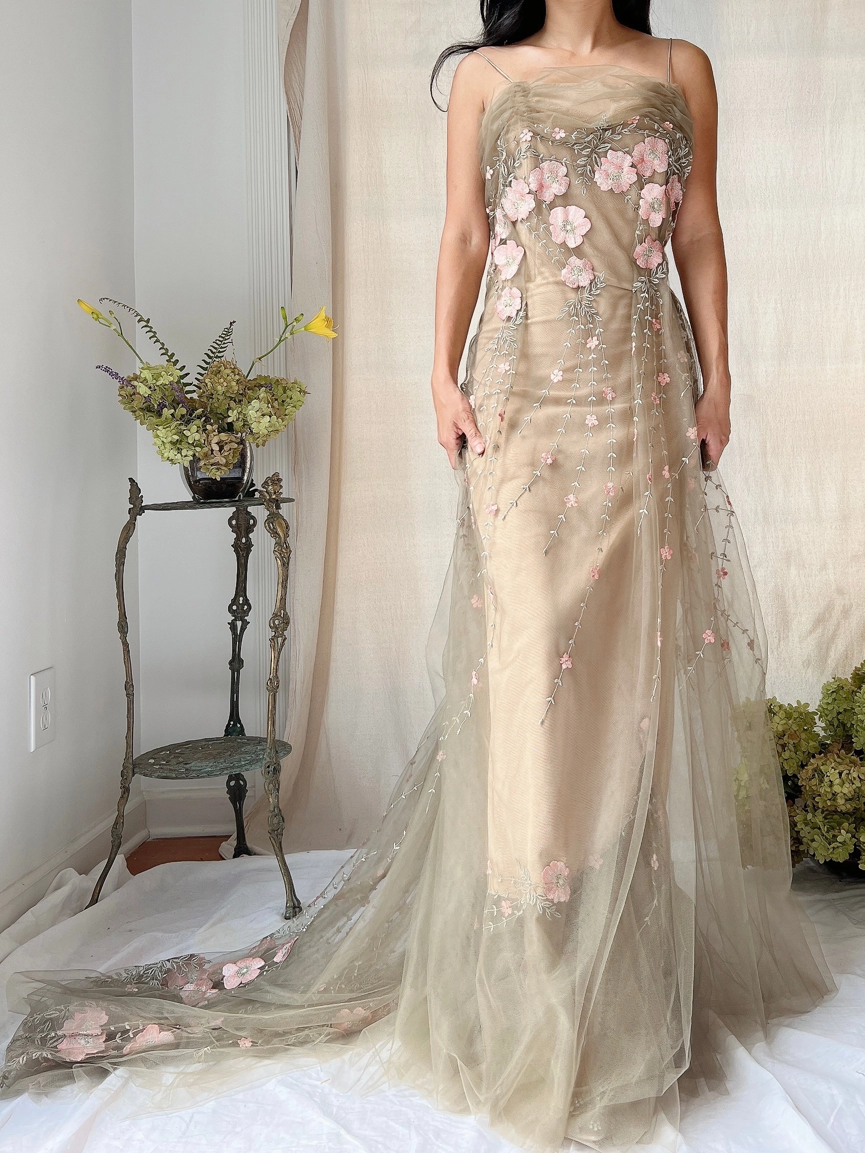 Rare Vintage Moss Carol Peretz Embroidered Tulle Gown - S/M