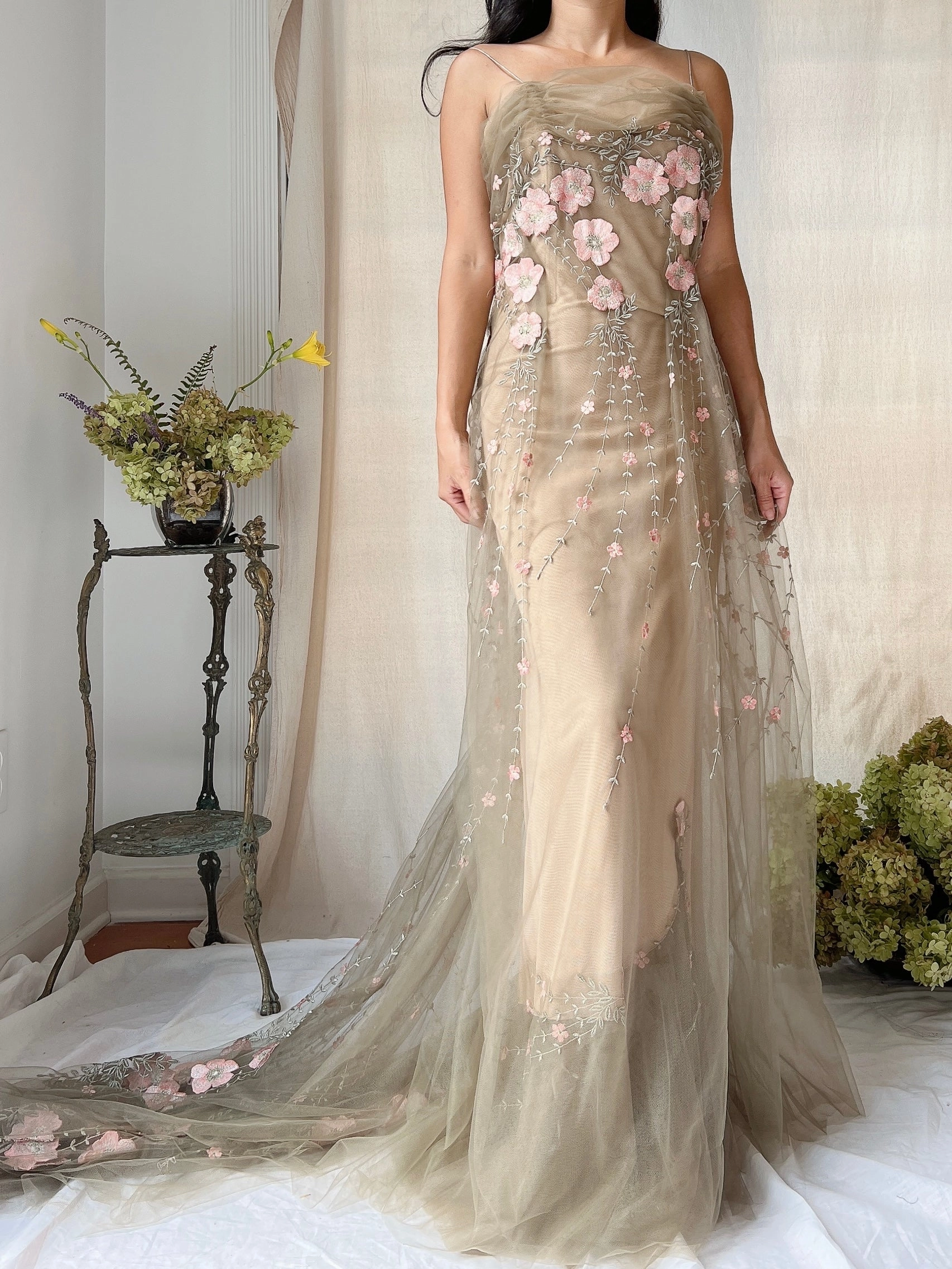 Rare Vintage Moss Carol Peretz Embroidered Tulle Gown - S/M