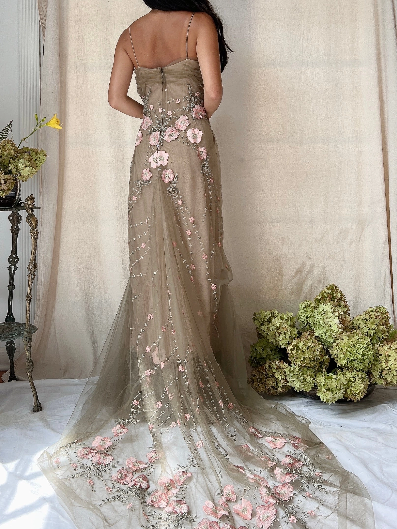 Rare Vintage Moss Carol Peretz Embroidered Tulle Gown - S/M