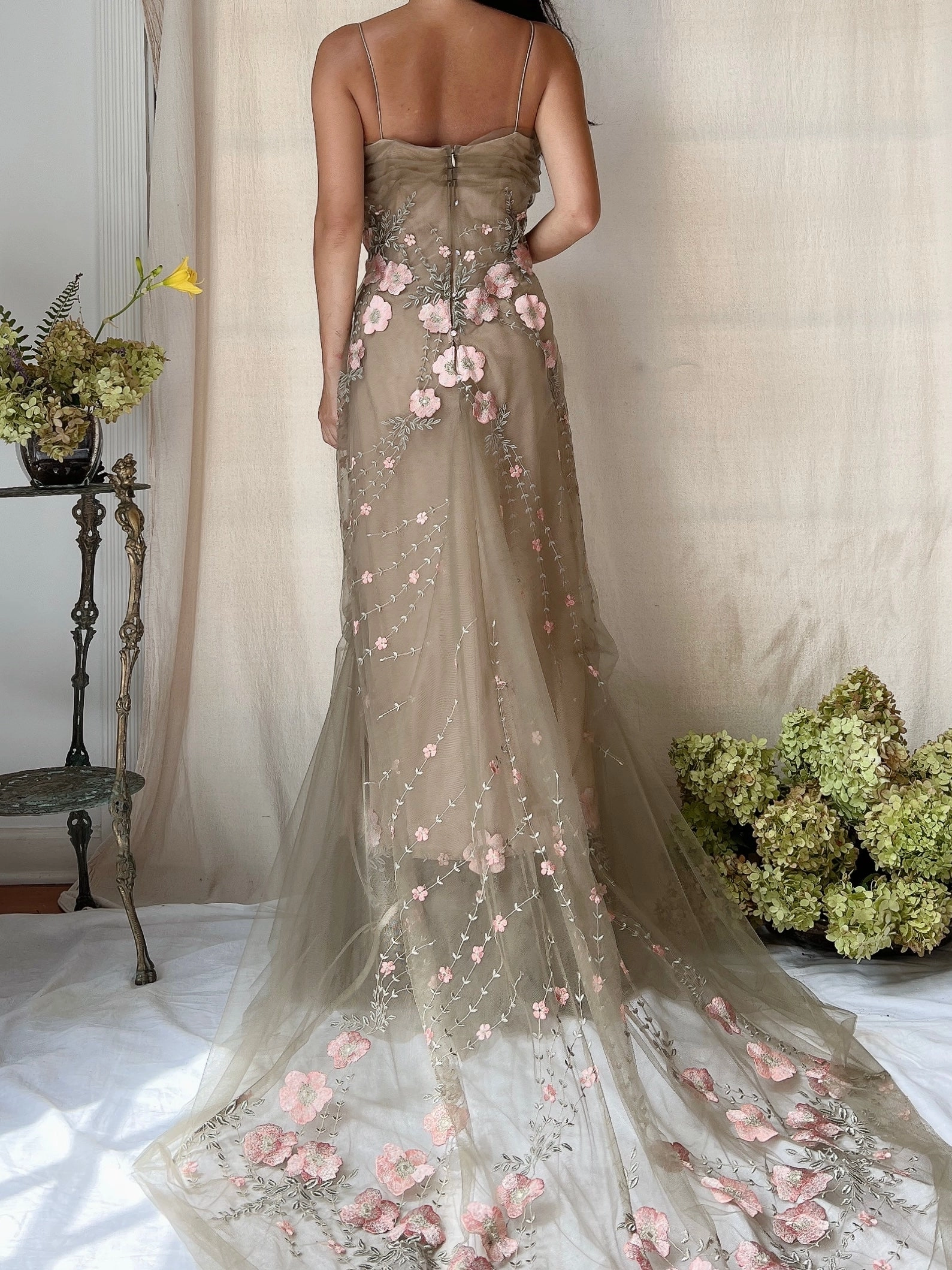 Rare Vintage Moss Carol Peretz Embroidered Tulle Gown - S/M