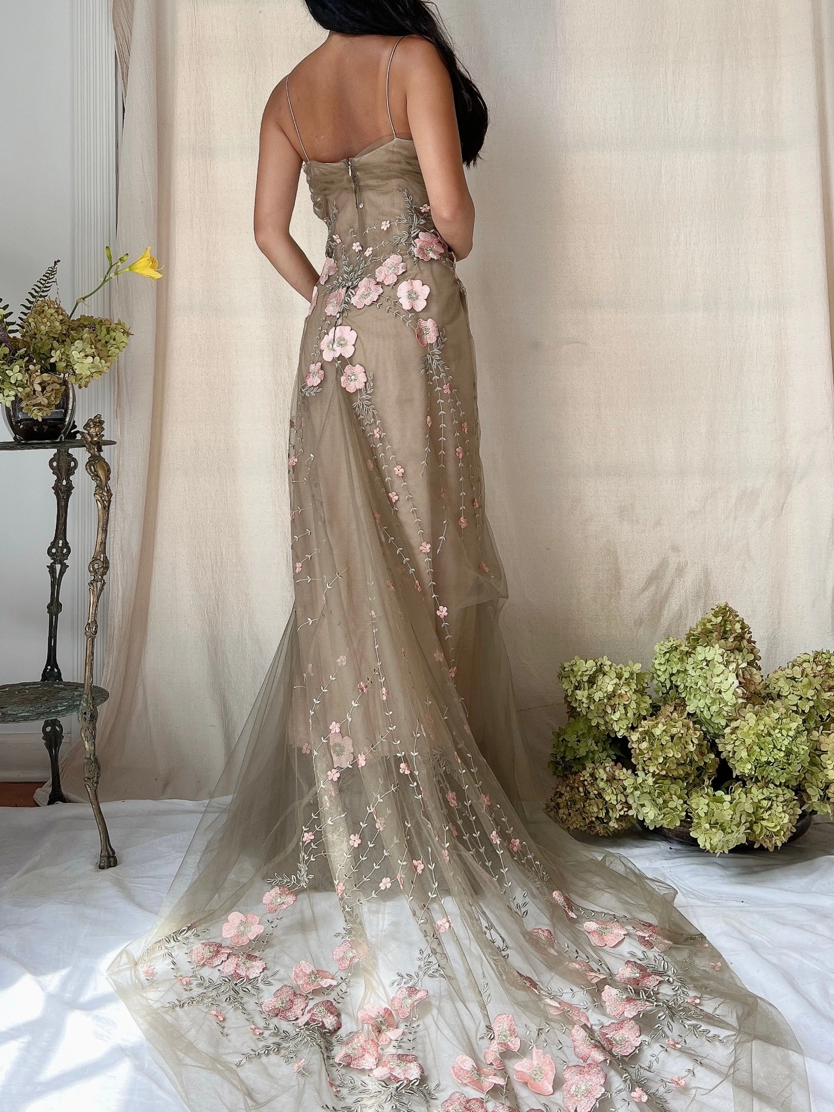 Rare Vintage Moss Carol Peretz Embroidered Tulle Gown - S/M