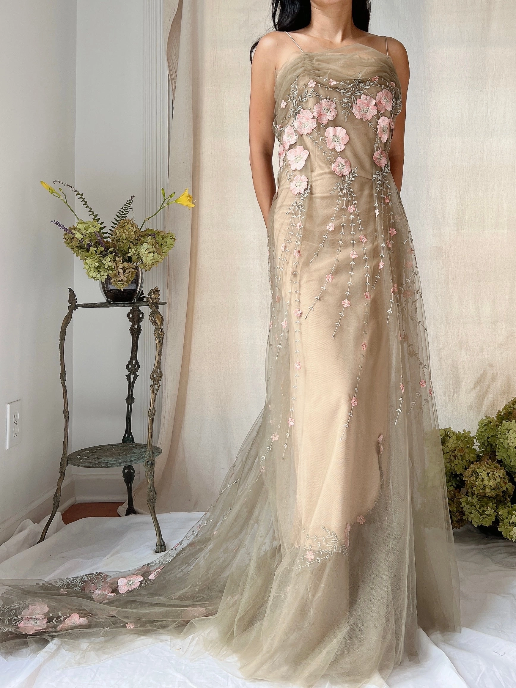 Rare Vintage Moss Carol Peretz Embroidered Tulle Gown - S/M