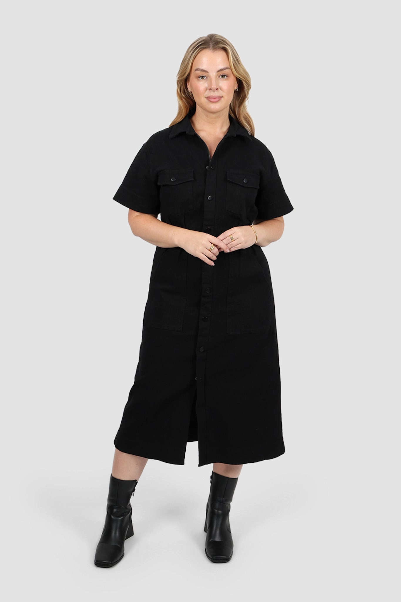 SAVEIRA DENIM MIDI DRESS BLACKOUT