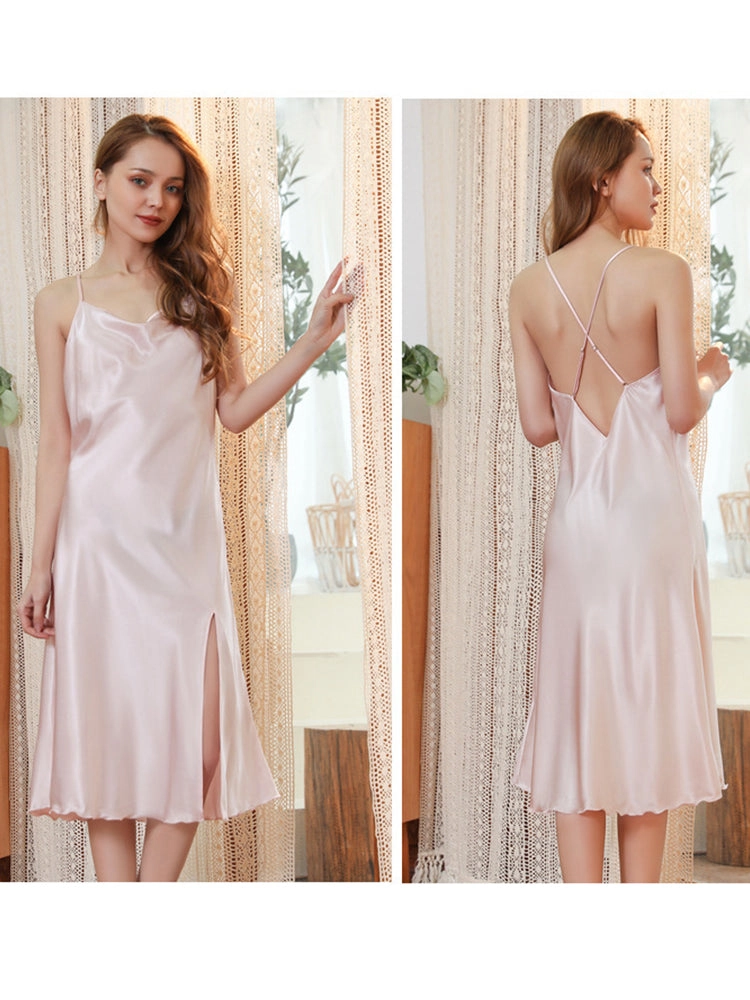 Sexy Backless Satin Side Slit Sleepwear Mini Nightdress