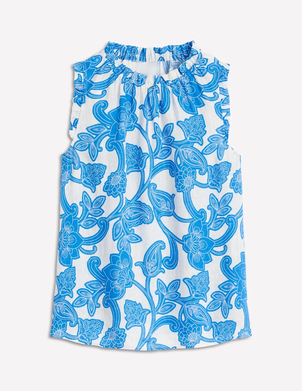 Sophie Ruffle Linen Top-Cerulean Blue. Paisley Whirl