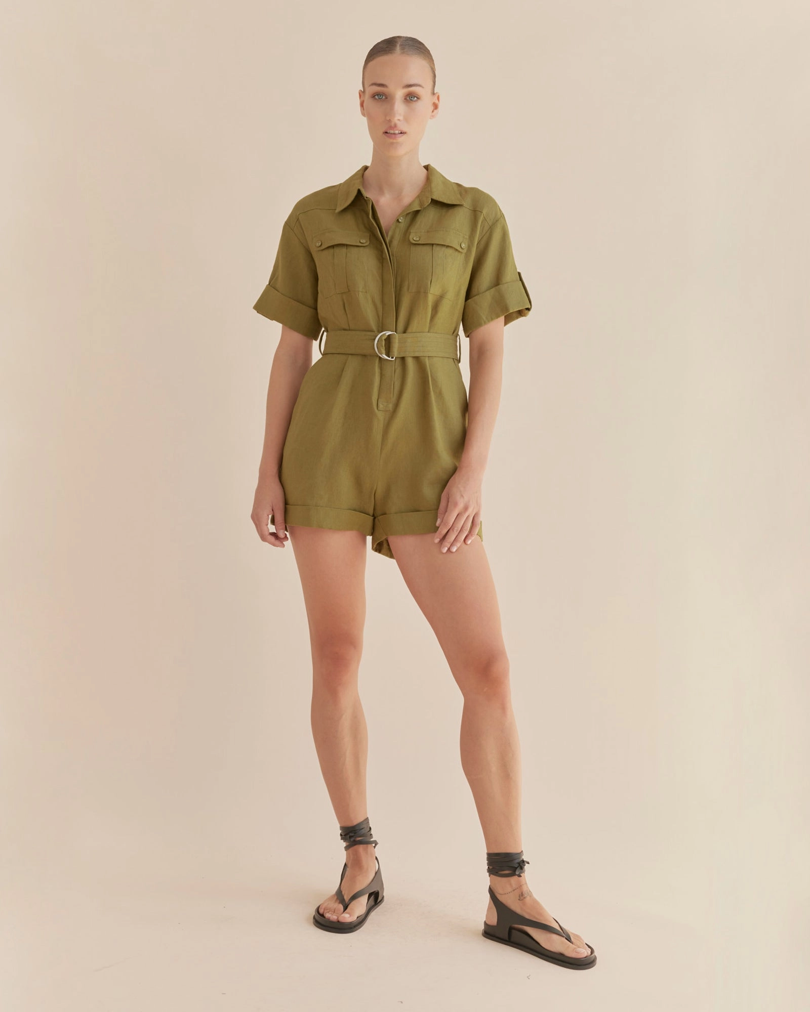 Surreal Linen Playsuit - Olive