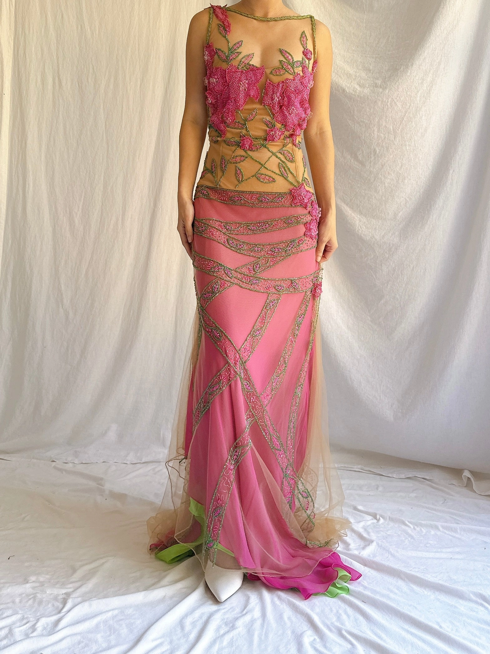 Vintage Couture Tulle/Silk Beaded Gown - M