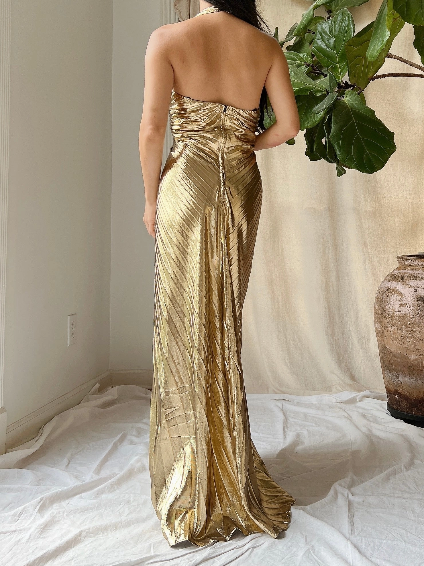Vintage Gold Pleated Halter Gown - S