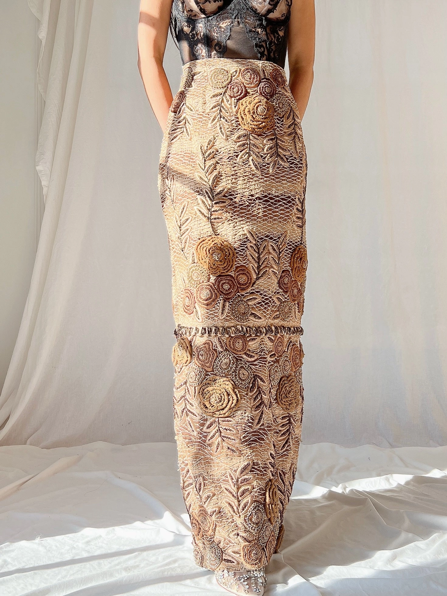 Vintage Italian Metallic Embroidered Skirt - M