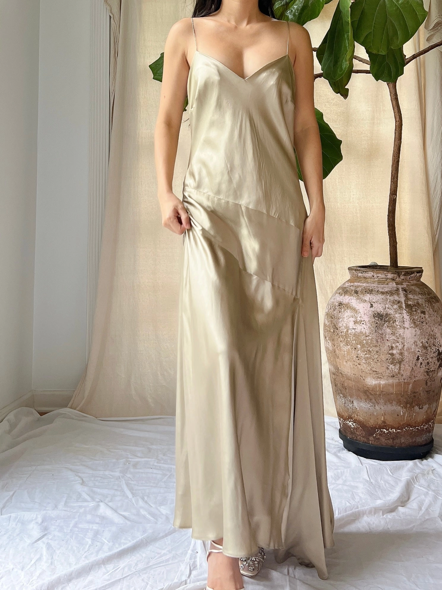 Vintage Light Brown Silk Bias Gown - M/L