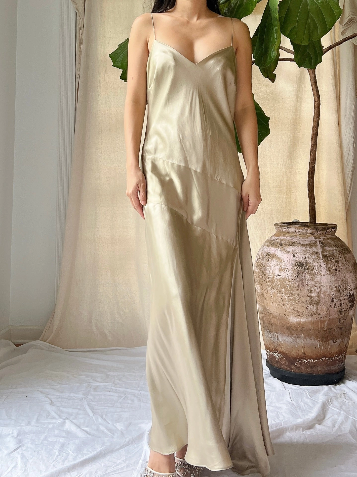 Vintage Light Brown Silk Bias Gown - M/L