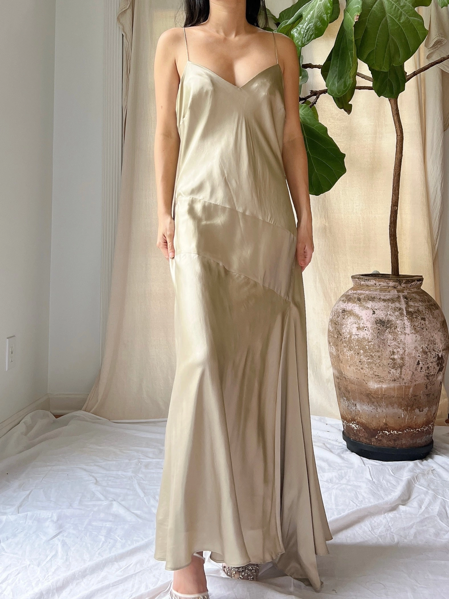 Vintage Light Brown Silk Bias Gown - M/L