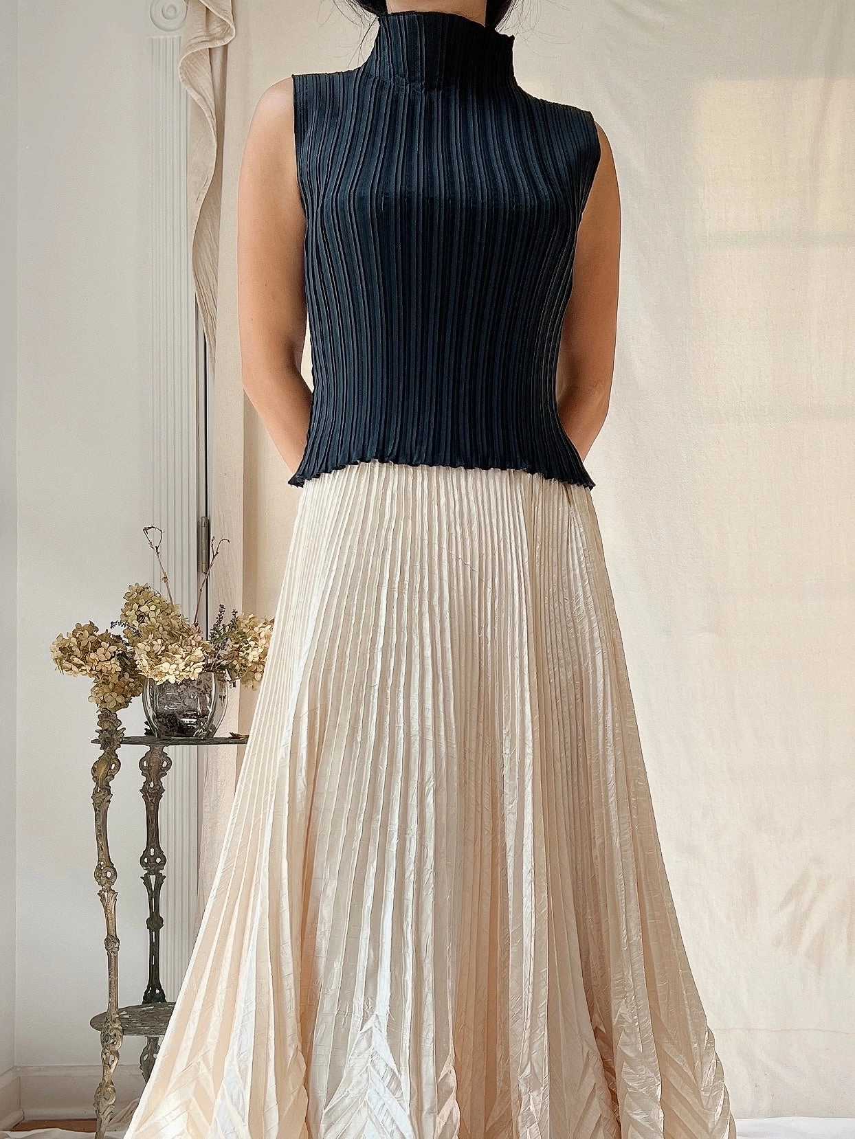 Vintage Micro-Pleated Mock Neck Top - S-M