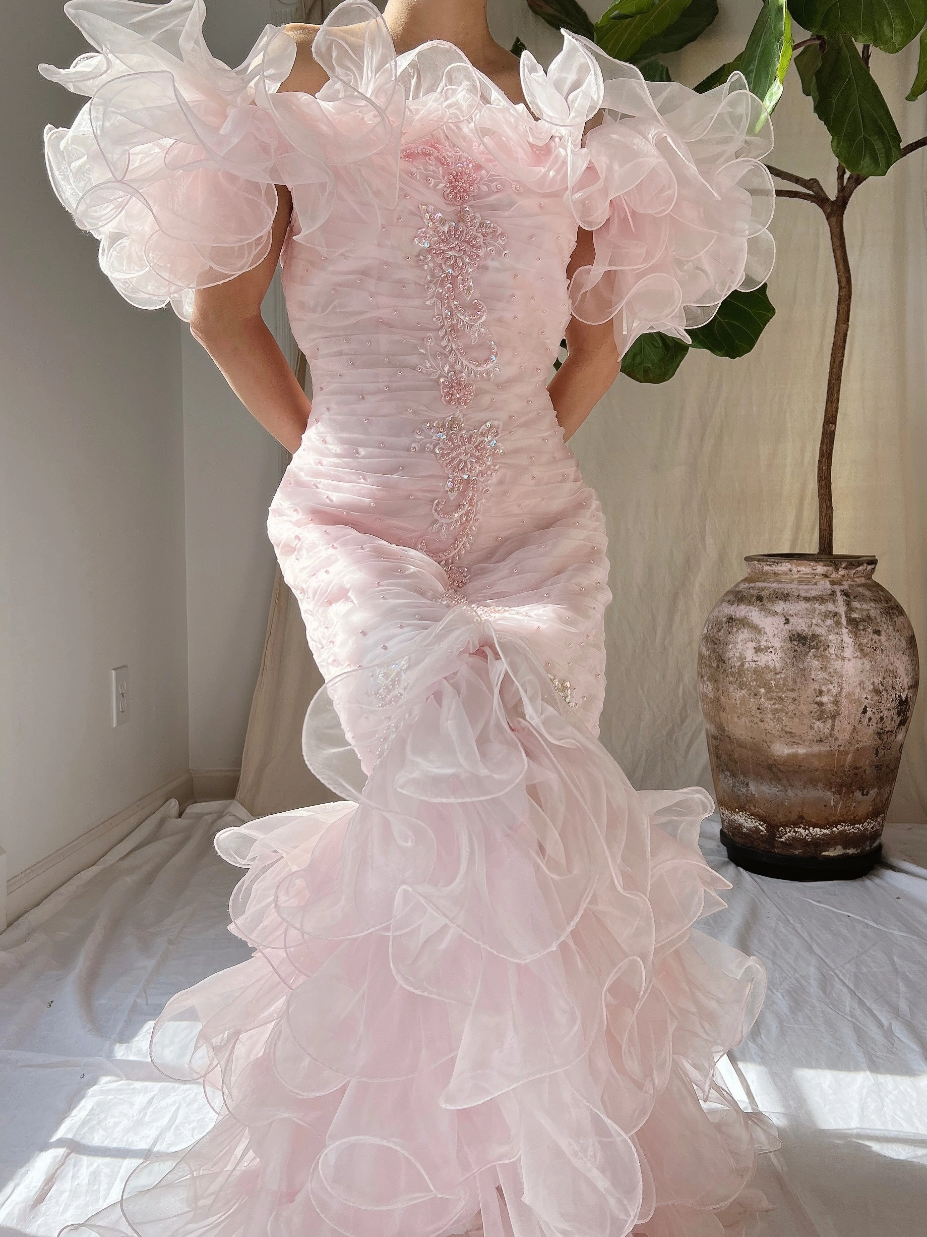 Vintage Pink Ruffle Dress - S