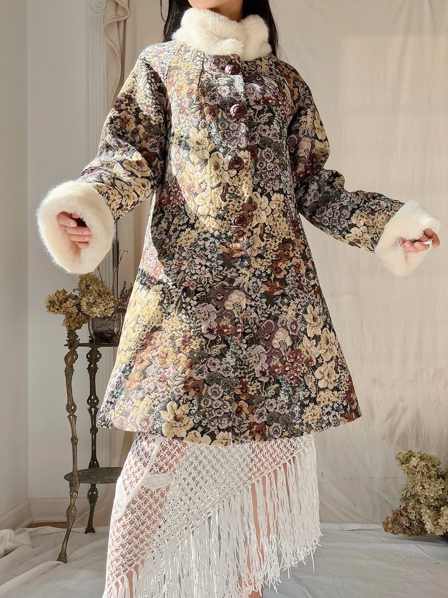 Vintage Tapestry Coat with Faux Fur Trim - S/M