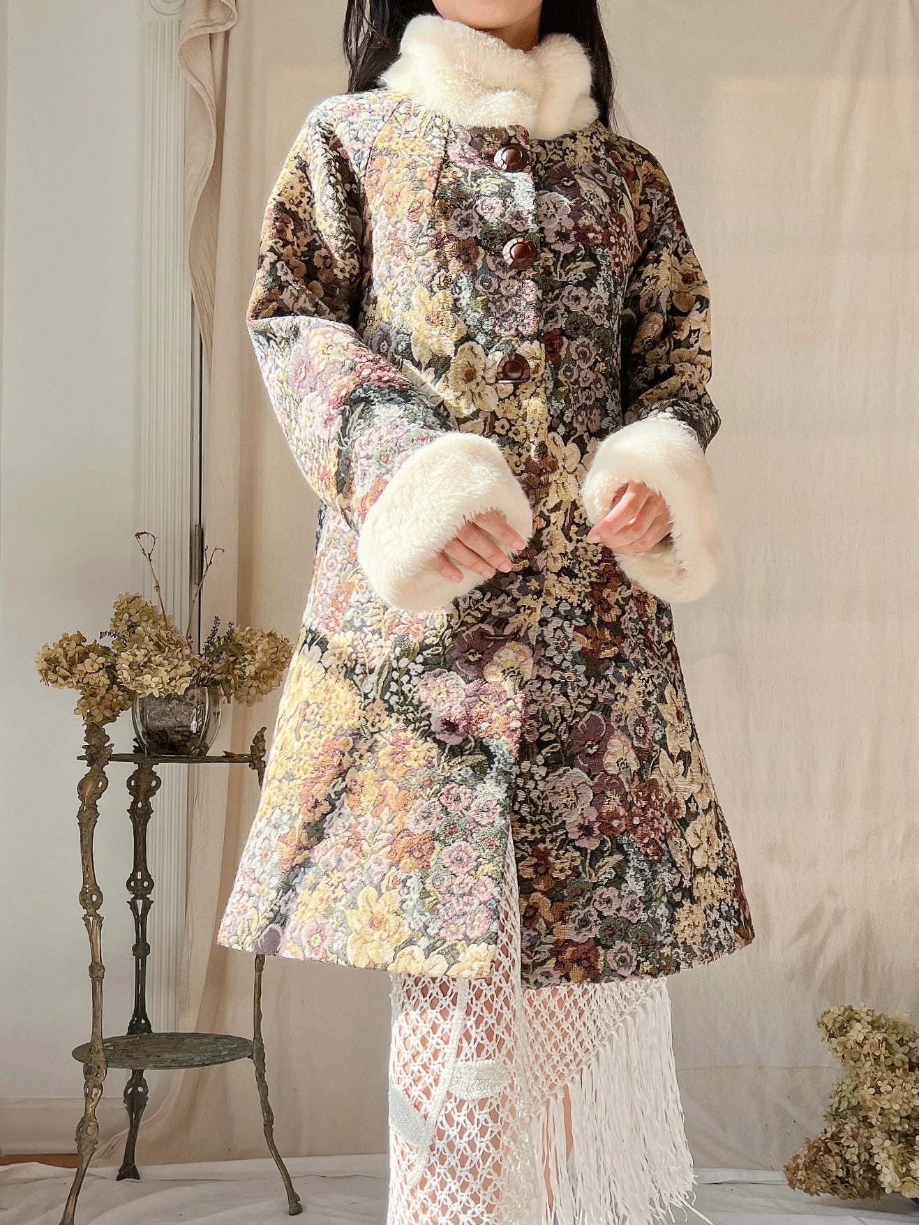 Vintage Tapestry Coat with Faux Fur Trim - S/M