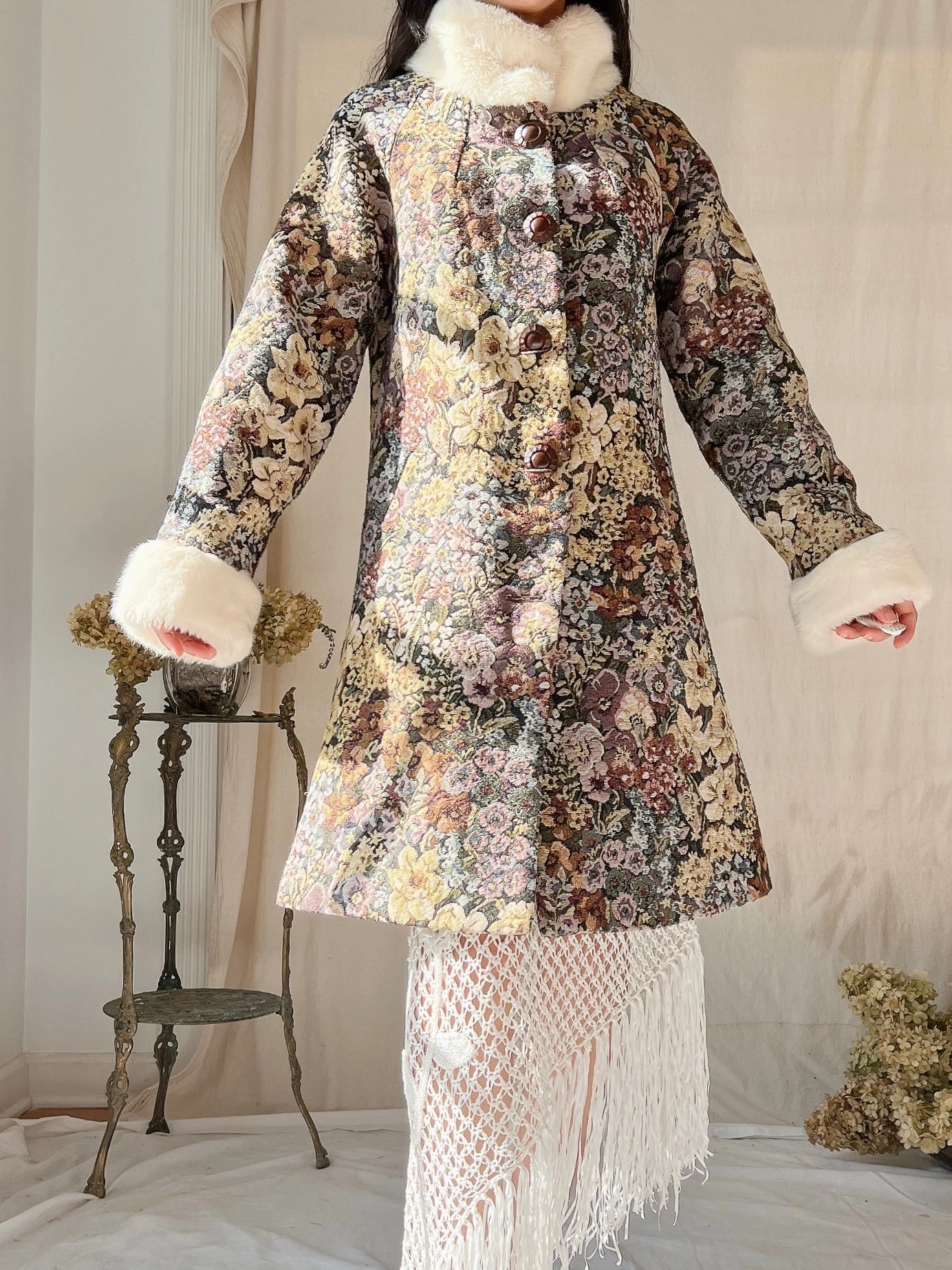 Vintage Tapestry Coat with Faux Fur Trim - S/M