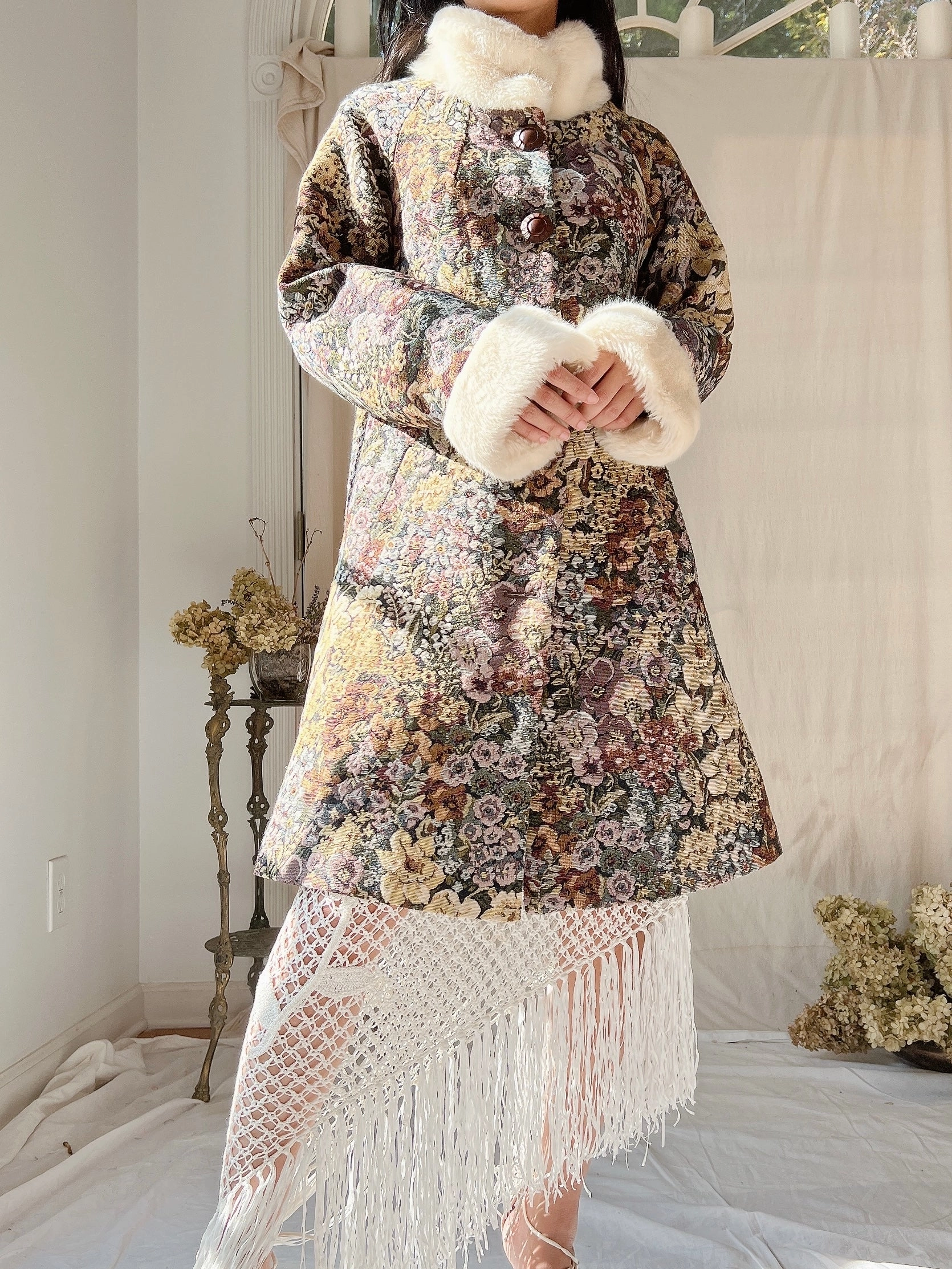 Vintage Tapestry Coat with Faux Fur Trim - S/M
