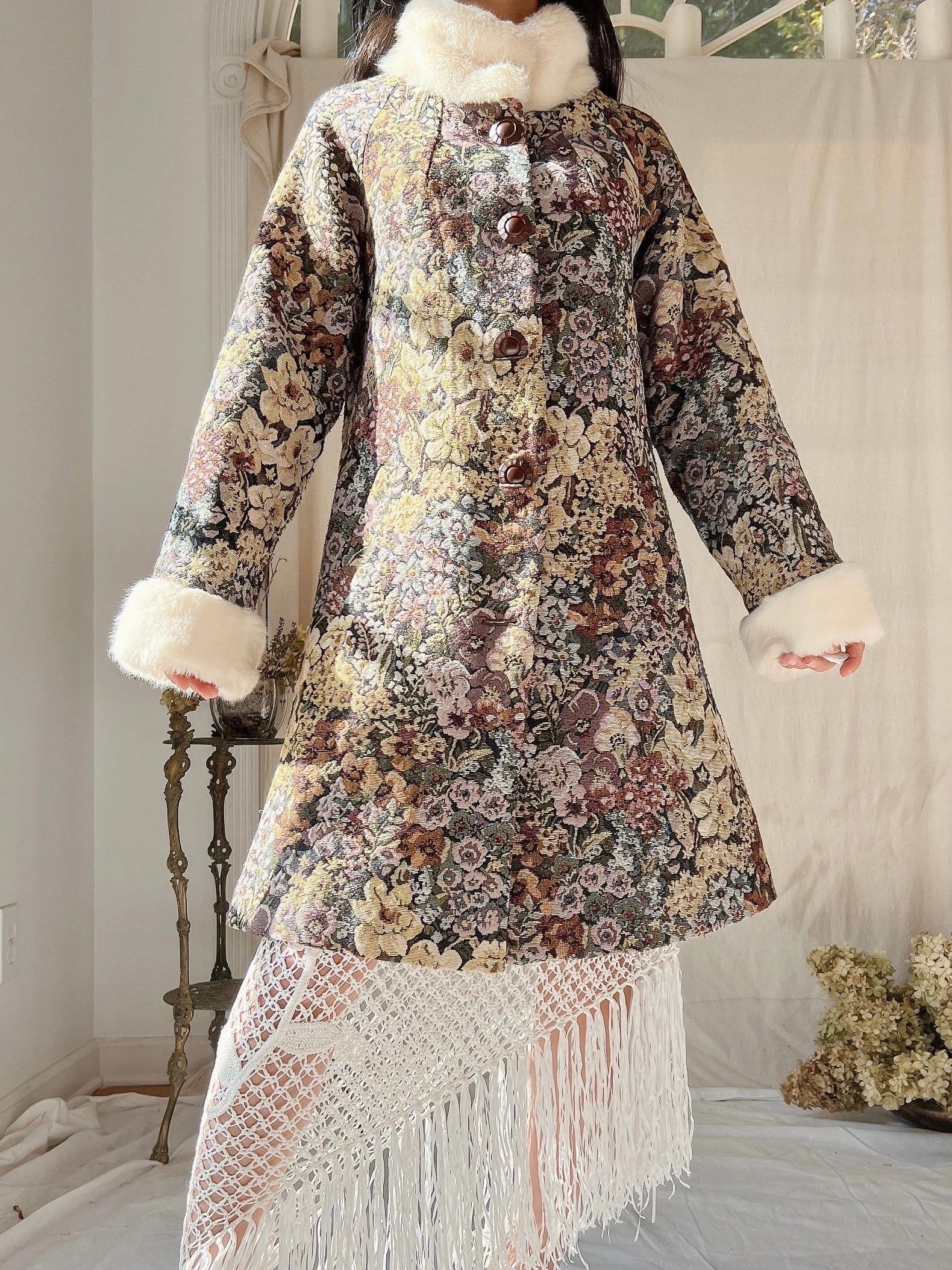 Vintage Tapestry Coat with Faux Fur Trim - S/M